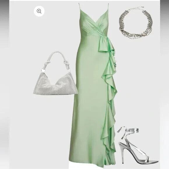 Mac Duggal Pistachio Satin Ruffled Asymmetrical Gown Size‎ 8 67815 NEW - Picture 2 of 7